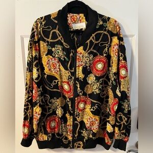 90s Baroque Black Gold Chain Clock Pattern Versace Style Print Bomber Jacket